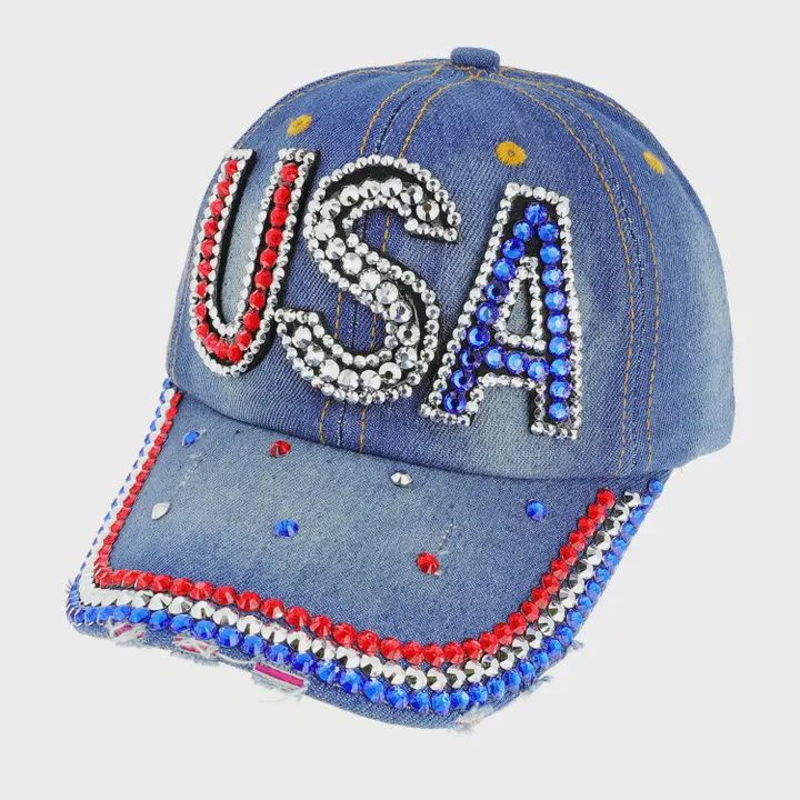 Rhinestone USA Denim Baseball Cap