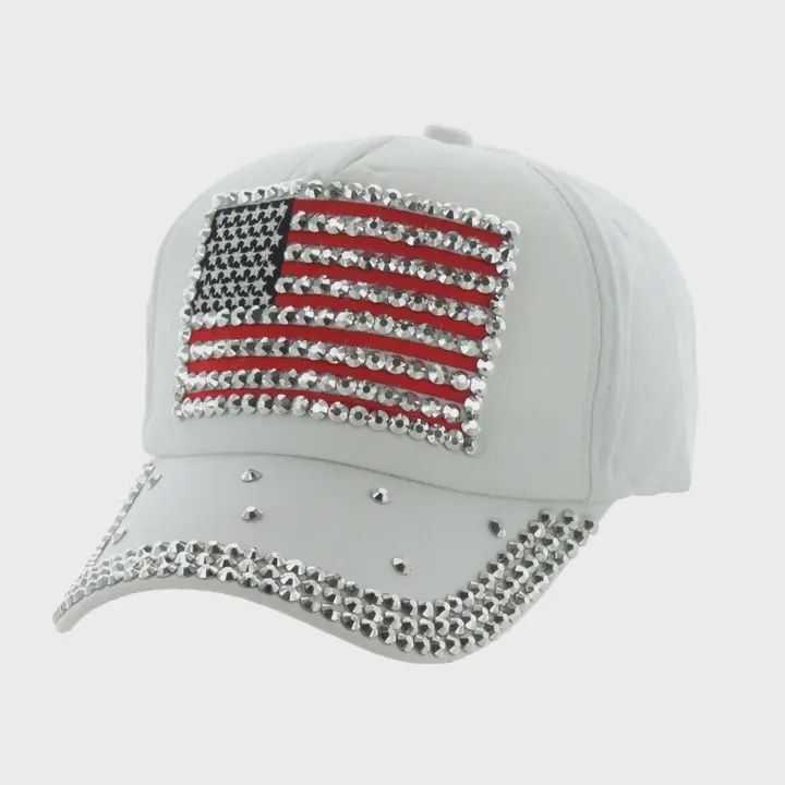 Rhinestone American Flag Denim Baseball Cap, Colour: White