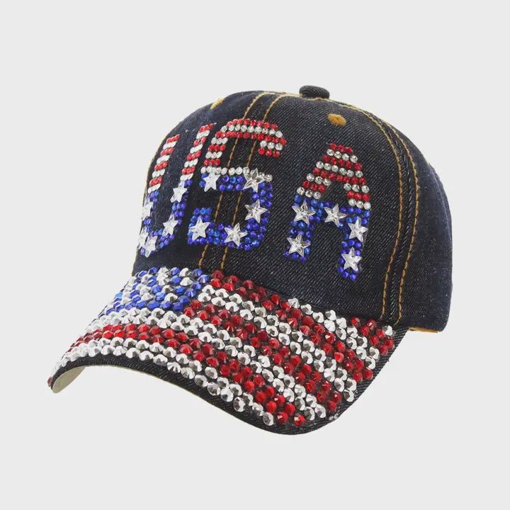 American USA Flag Patriotic Bling Brim Denim Cap