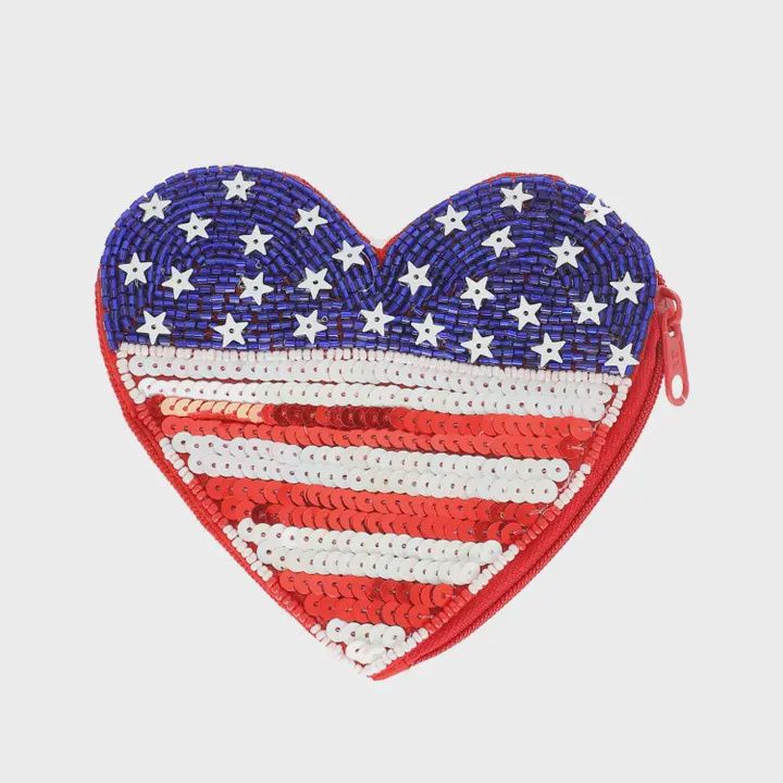 American Flag Heart Shaped Beaded Coin Bag