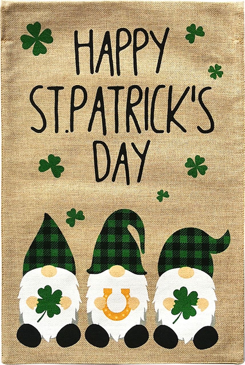 St. Patrick&#39;s Gnome Trio Burlap Garden Flag