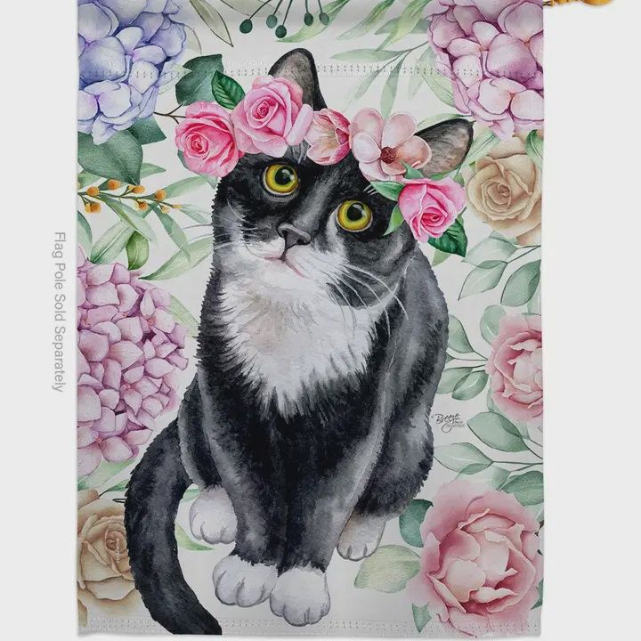 Floral Tuxedo Cat Garden Flag