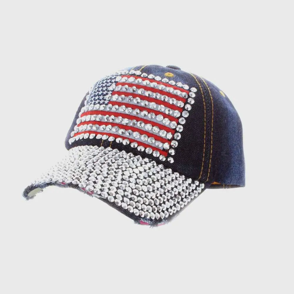 Rhinestone Embellished American Flag Denim Baseball Cap, Colour: Dark Blue