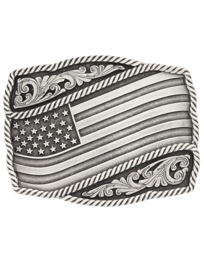 Attitude Buckle Anti Silver Engraved Flag