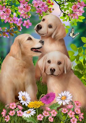 Springtime Pups Floral Garden Flag
