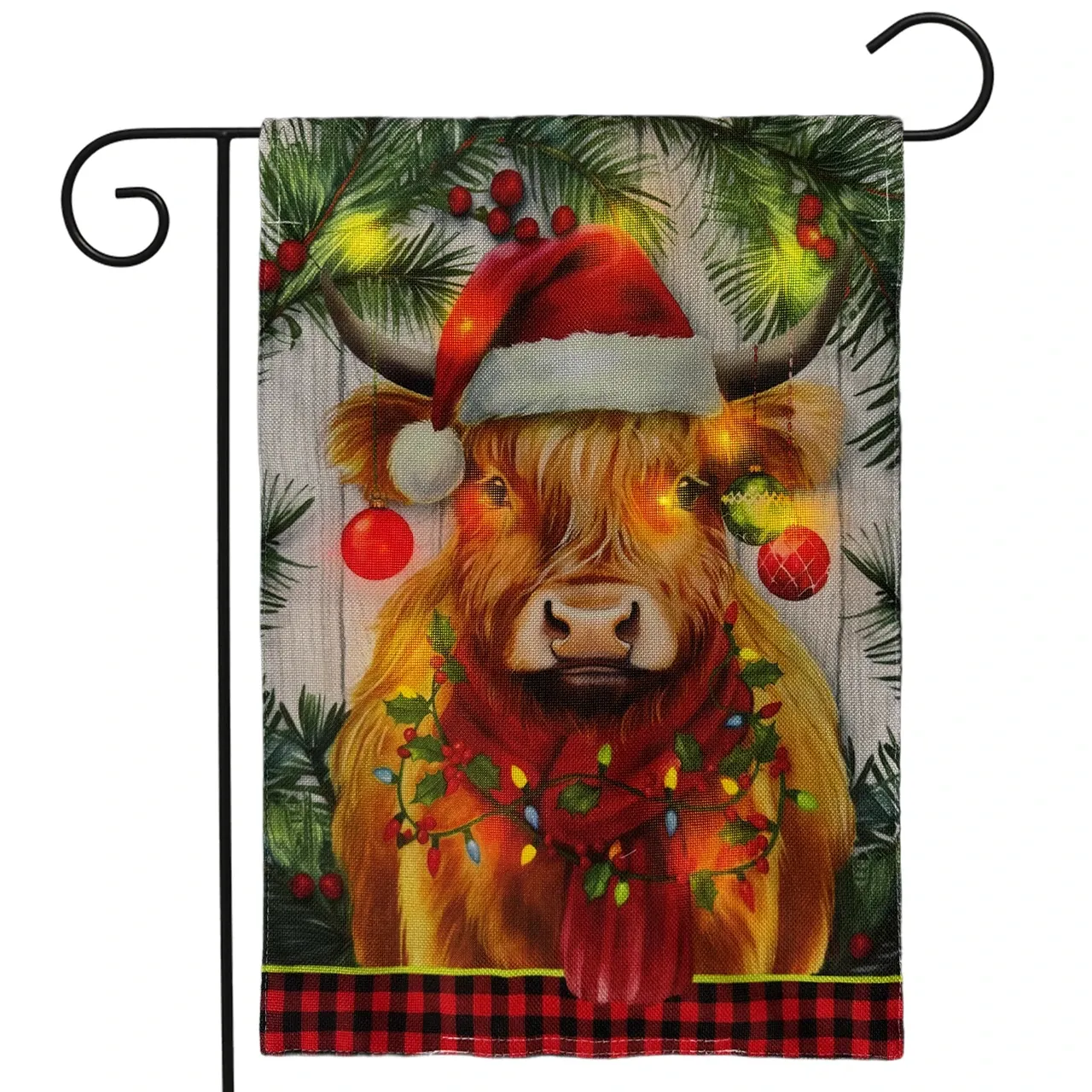 LED  Holiday Highland Cow Burlap Garden Flag