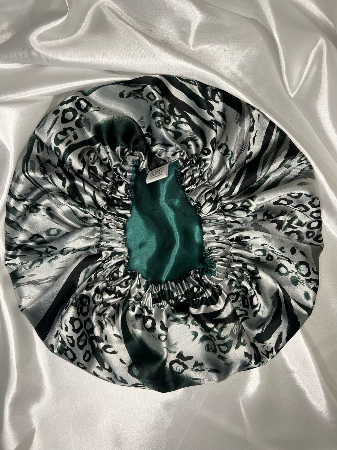 Silver Pattern And Emerald Green Satin Bonnet