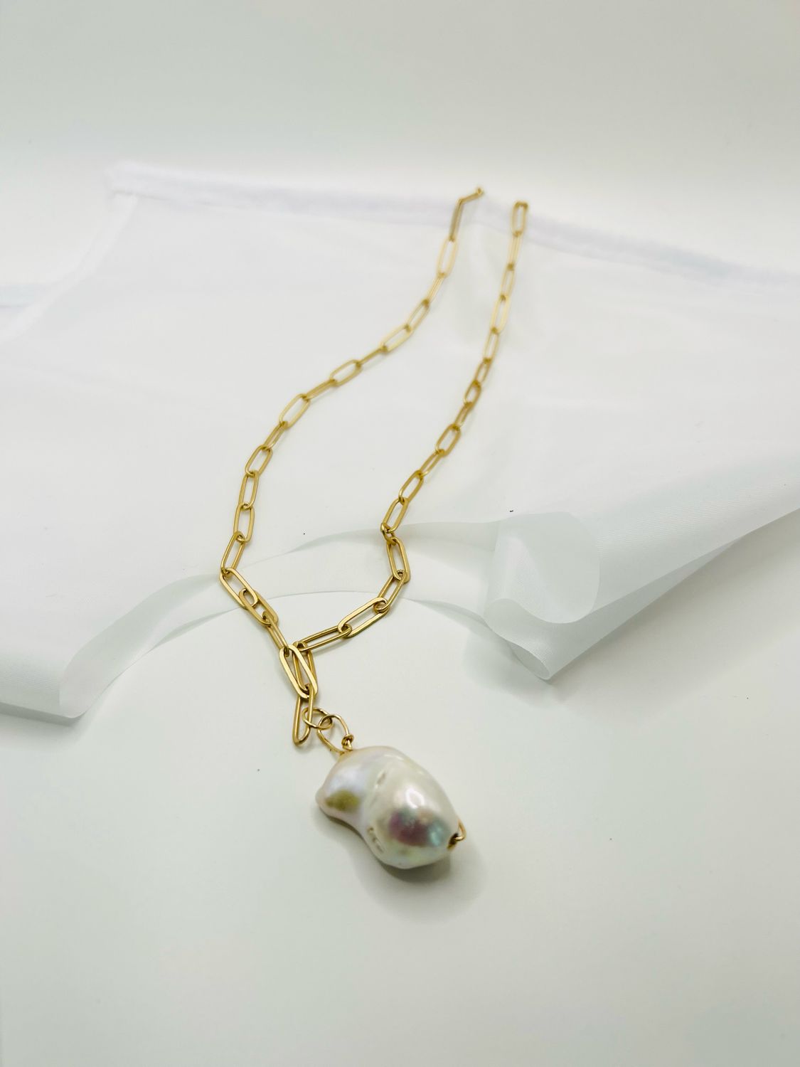Baroque Pearl Accent on Paperclip Gold Filled Chain