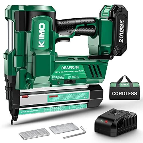 KIMO 18 Gauge Nail Gun Battery Powered 2 in 1 Cordless Brad Nailer/Electric Stapler, w/20V Battery &amp; Charger, Adjustable Depth, 18 GA Nailer/Staples for Upholstery, Home Improvement and Woodworking