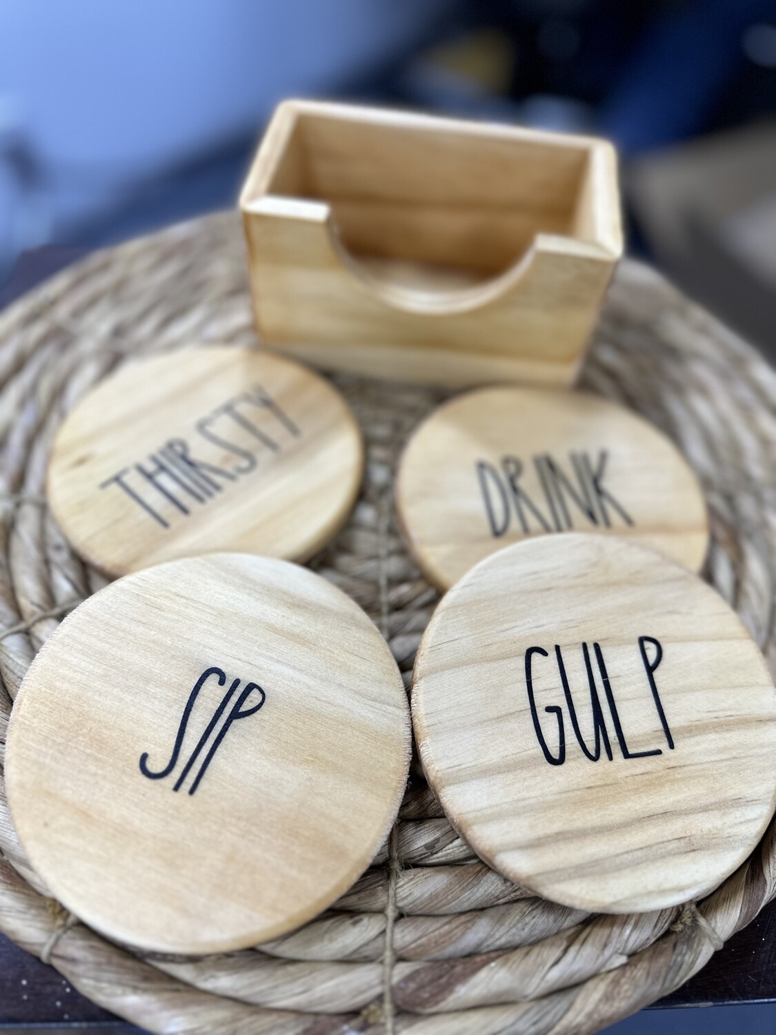 sip. drink. gulp. thirsty wood coasters