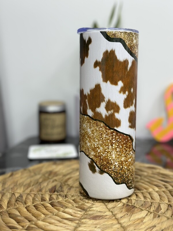 cow print and glitter tumbler