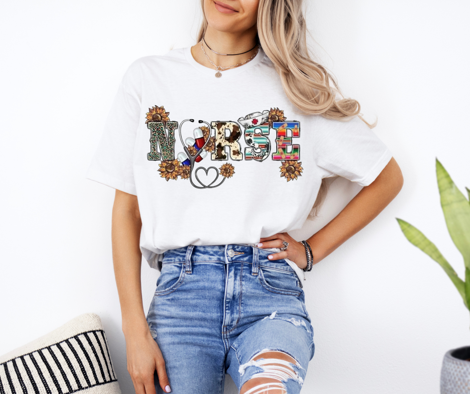 Cow Print &amp; Sunflower Nurse T-shirt