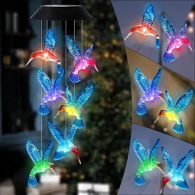 Solar Hummingbird Wind Chimes Outdoor-Waterproof Solar Powered LED Changing Light Colors