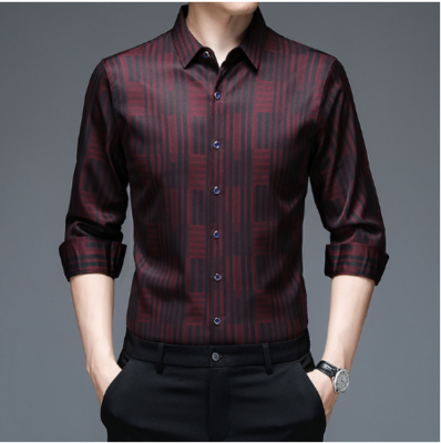 High Quality Men Shirts Striped Spring Long Sleeve Casual Shirt Silk Cotton Slim Fit