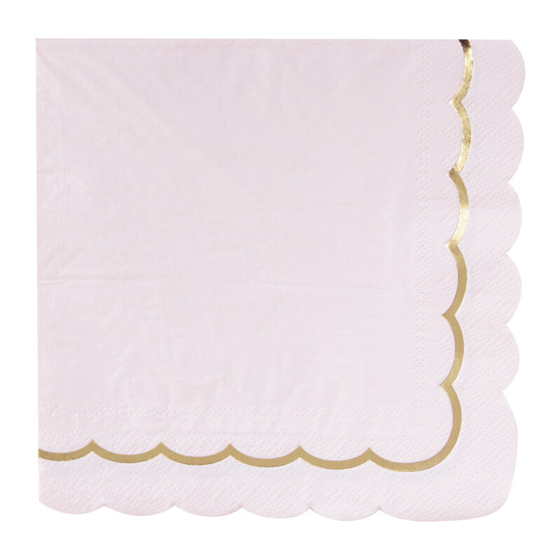 SERVIETTES FESTONNEES ROSE PASTEL ET OR X16