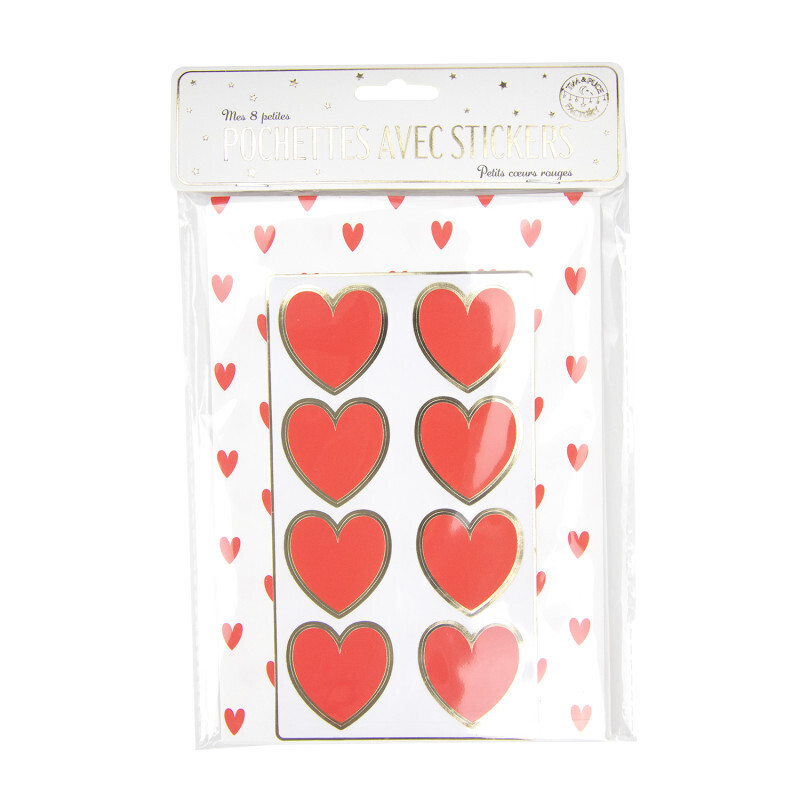 POCHETTES PAPIER ET STICKERS COEURS ROUGES X8 PCS