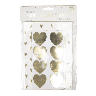 POCHETTES PAPIER ET STICKERS COEURS DORES X8 PCS