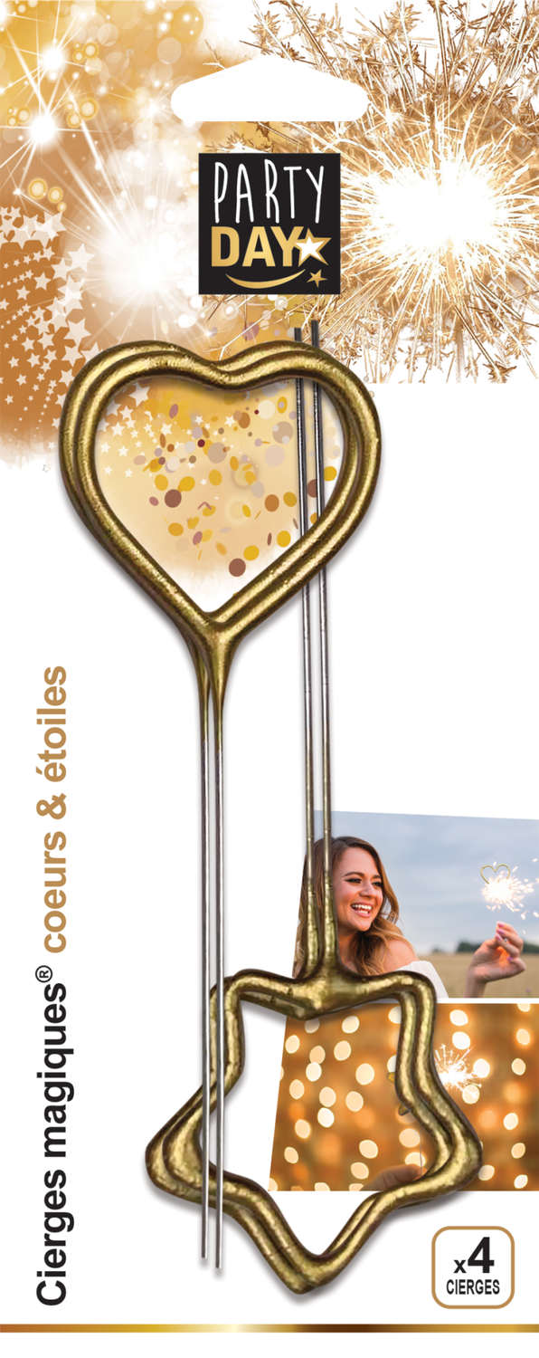 CIERGES MAGIQUES COEURS ET ETOILES DORÉS X4