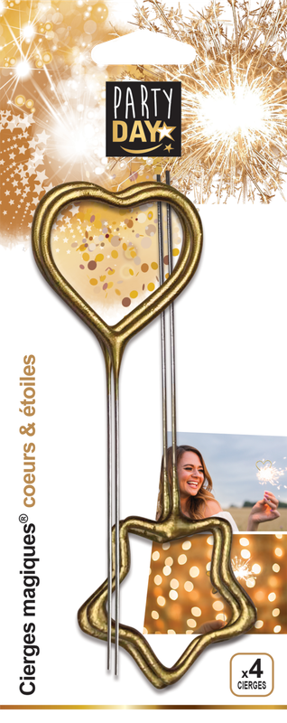 CIERGES MAGIQUES COEURS ET ETOILES DORÉS X4