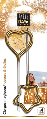 CIERGES MAGIQUES COEURS ET ETOILES DORÉS X4