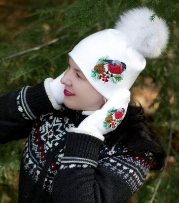Hat and Mittens Set with Pompon &quot;Bullfinches&quot;.