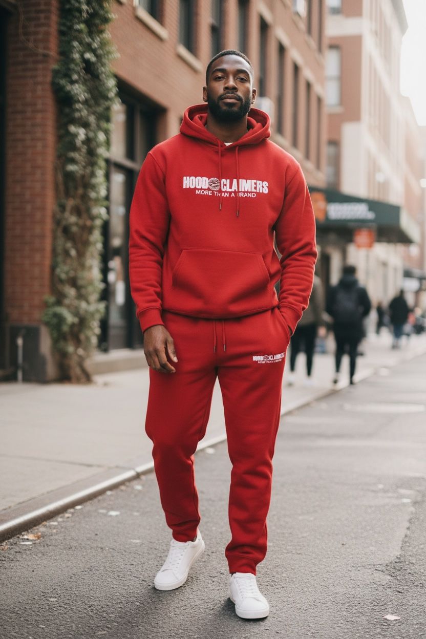 Unisex Fleece Red Pullover Jogger Set