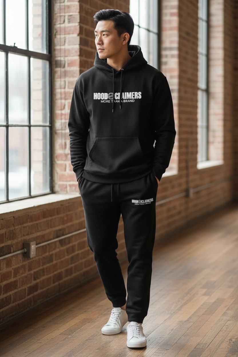 Unisex Fleece Black Pullover Jogger Set