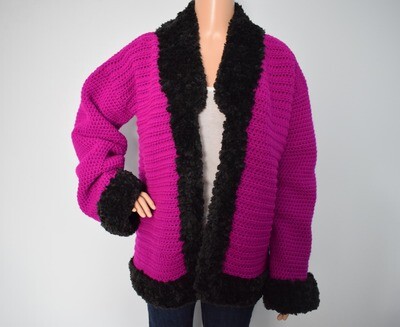 Faux Fur Trim Crochet Cardigan (L/XL)