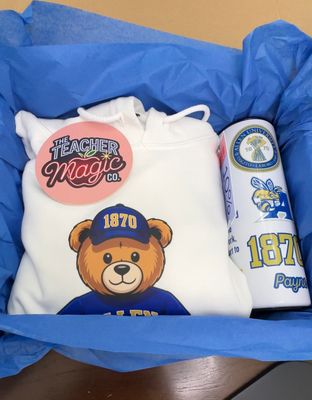 Customizable HBCU gift box with hoodie and tumbler, shown in Allen University design, graduation gift by The Teacher Magic Co