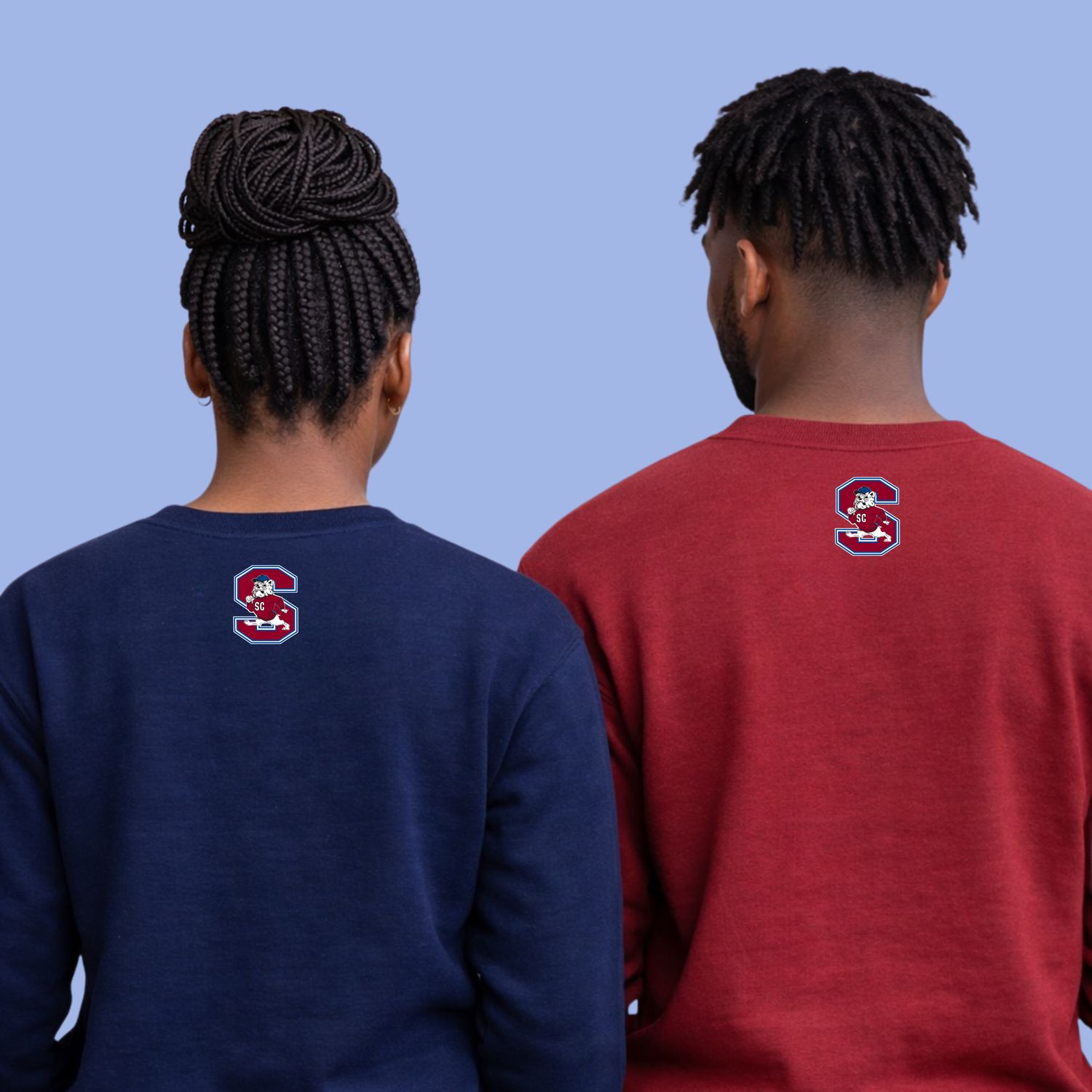 SC State sweatshirt sleeve detail with 1896, Bulldogs, SCSU, and HBCU Made embroidered patches by TTMC