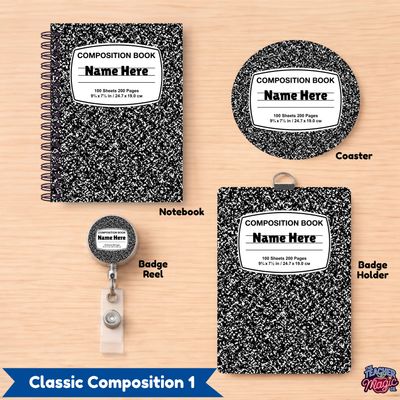 Classic Composition teacher gift bundle with personalized notebook and badge reel, back to school gift by The Teacher Magic C