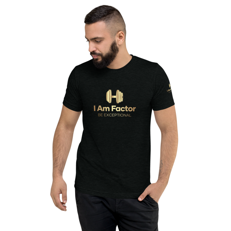 Short sleeve t-shirt with embedded I Am Factor in Gold text &amp; Dumbbell