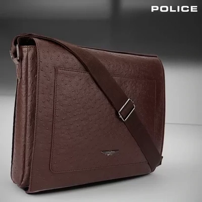 POLICE Ostrich Polo Faux Leather Messenger Bag- Brown