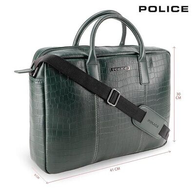 POLICE  Dark Green Croco Classy 14 Inch 100% Genuine Leather  Stylish Briefcase Messenger Bag.