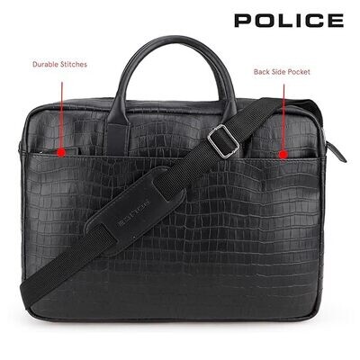 POLICE 100% genuine leather Black Croco Classy 14 Inch Stylish Briefcase Messenger Bag.