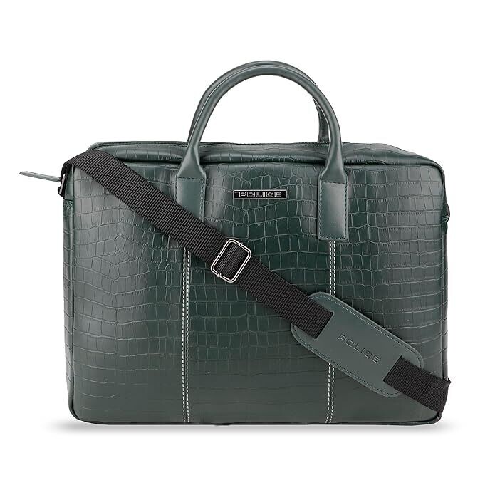 POLICE  Dark Green Croco Classy 14 Inch 100% Genuine Leather  Stylish Briefcase Messenger Bag.