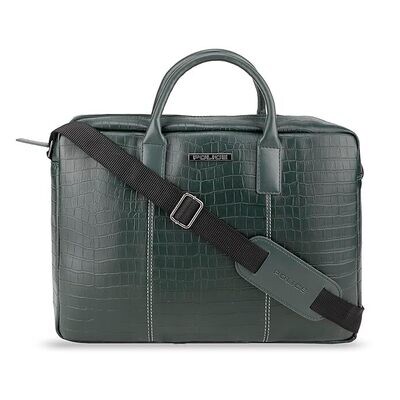 POLICE  Dark Green Croco Classy 14 Inch 100% Genuine Leather  Stylish Briefcase Messenger Bag.