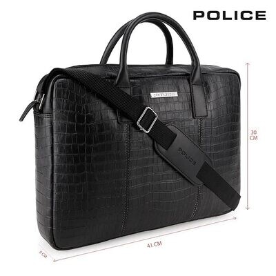 POLICE 100% genuine leather Black Croco Classy 14 Inch Stylish Briefcase Messenger Bag.