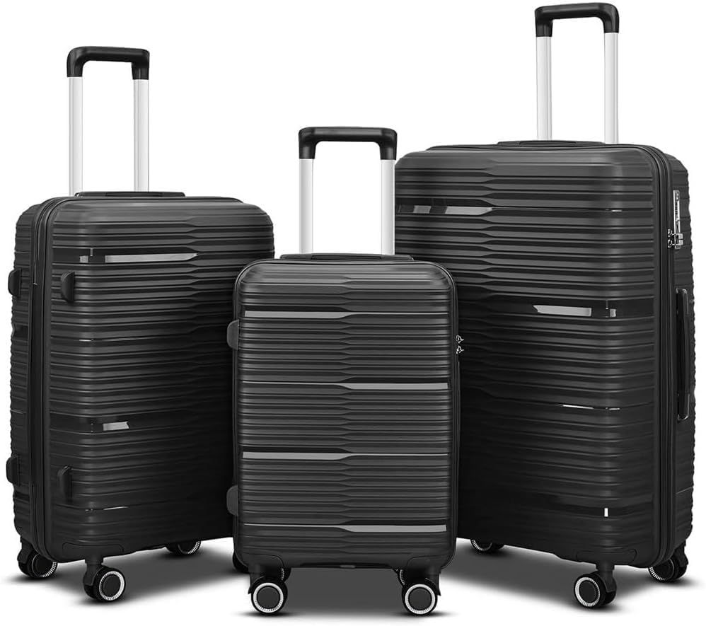 TRAVLR 100% PP break resistant lightweight  expandable luggage trolley  set (20&quot;, 24&quot;, 28&quot;), color: Black