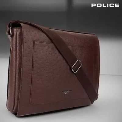POLICE  Ostrich Polo Faux Leather Messenger Bag- Brown
