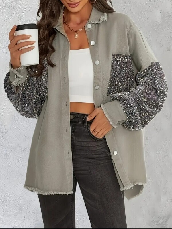 Grey Sequin Long Sleeve Button Down