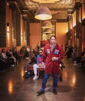 Burgundy swade Jacket with Indigenous designed whool cuffs &amp; collar, and belt.