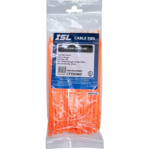 CABLE TIE 150X3.6MM ORANGE 100PKT