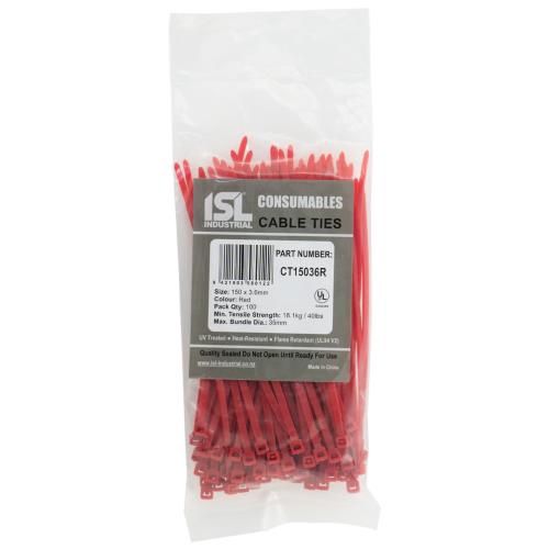 CABLE TIE 150X3.6MM RED 100PKT