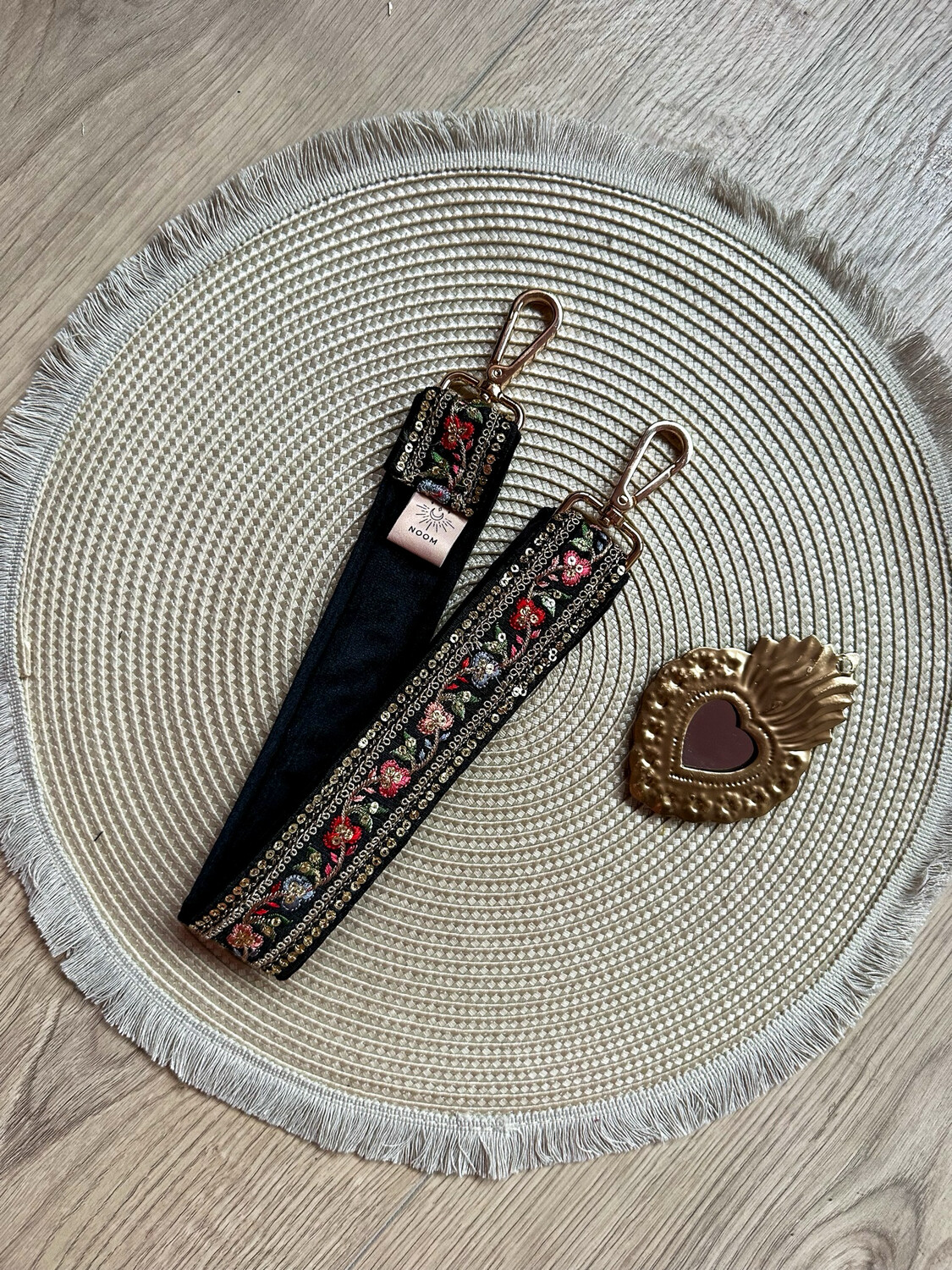 Korte Velvet Flower Strap Zwart/Pailletjes