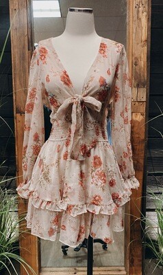 Pink Floral Long Sleeve Tie Front Dress