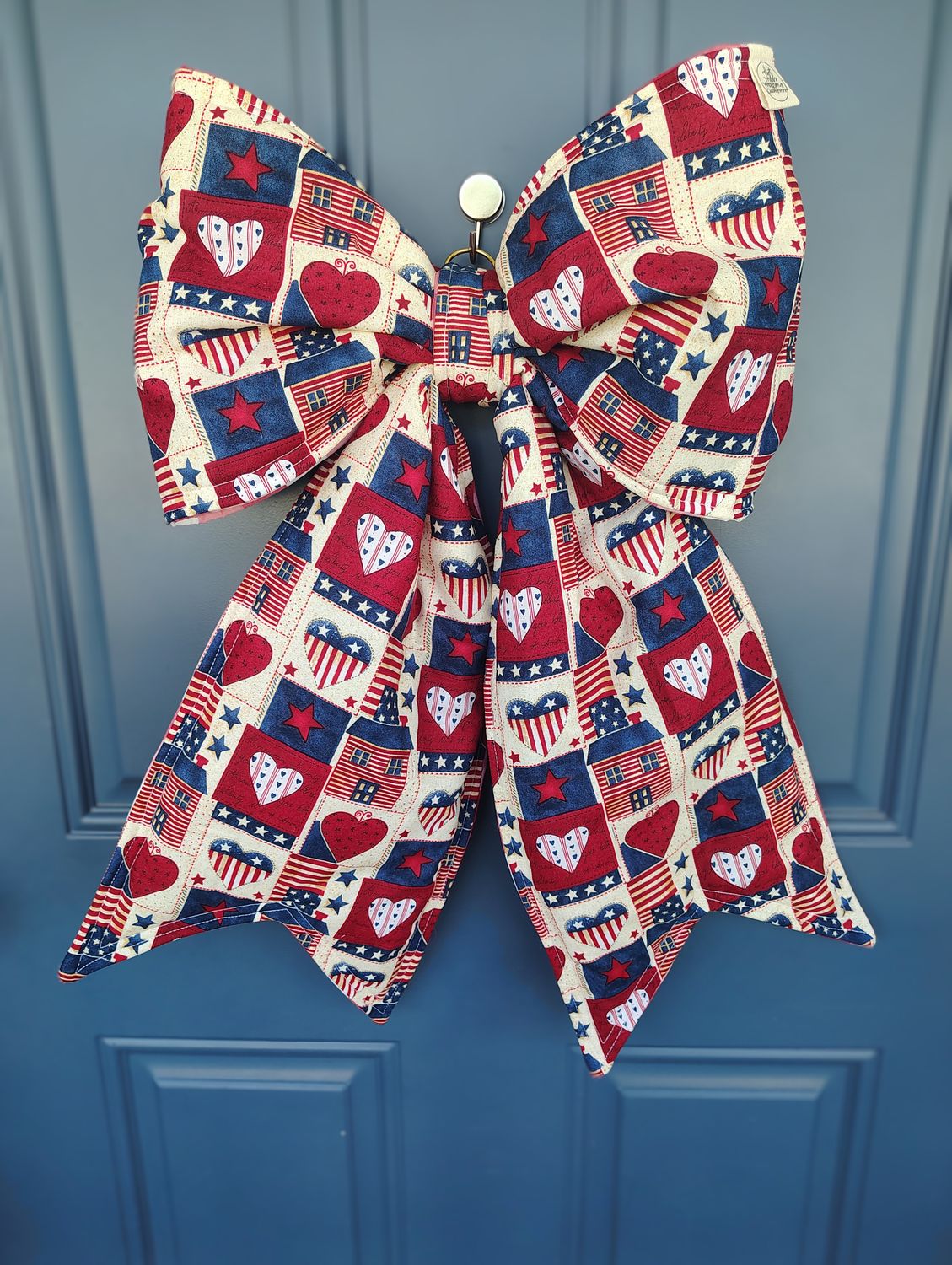 Reversible primitive-esque Red, White and Blue/red gingham Door Bow