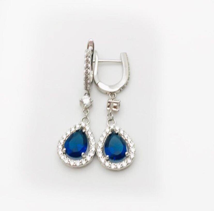 Silver Earrings Synthetic Sapphire  , Garnet Stone