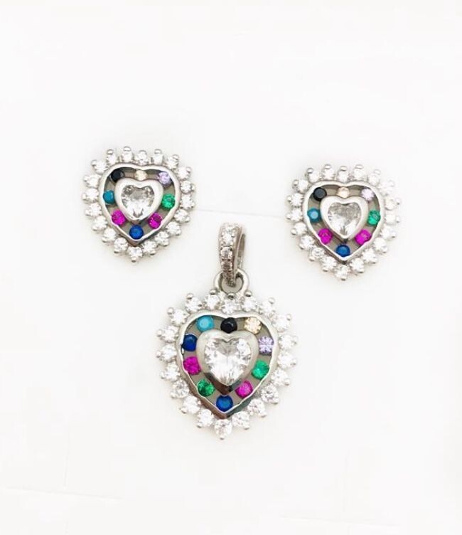 Silver( 925)  Heart Set Synthetic Multicolor  Color Stone