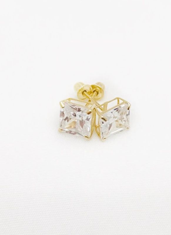 14 K  Yellow Gold 3mm  Princess -Cut  Cubic Zirconia  Stud  Earrings
